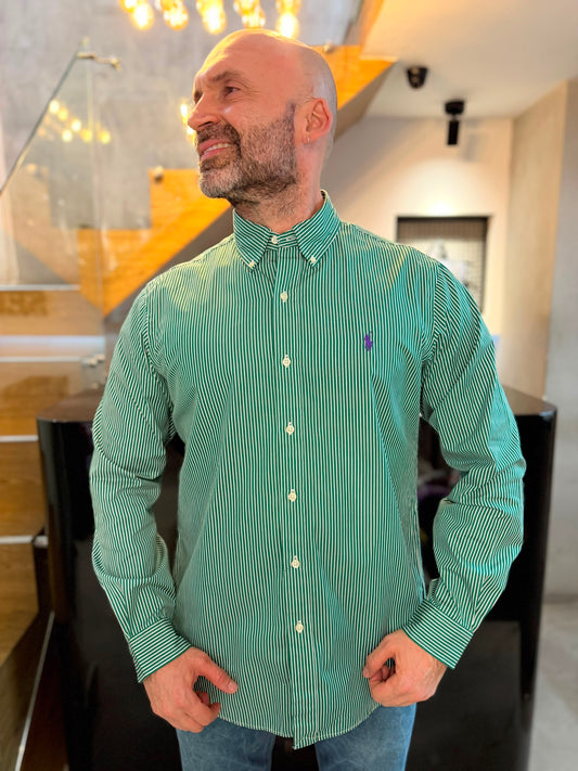 Camisa Polo R.L hombre Algodón Rayas Verdes Caballo Morado