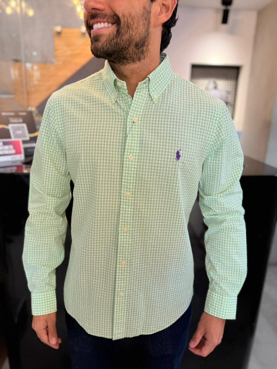 Camisa Polo R.L hombre Galleta Cuadros Verdes Con Blanco Caballo Morado