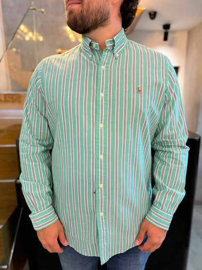 Camisa Polo R.L hombre Oxford Rayas Verdes Caballo Multicolor