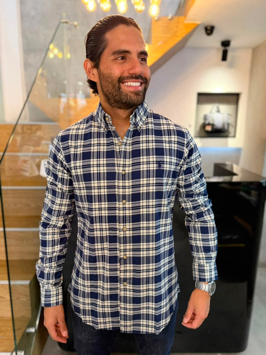 Camisa Polo R.L hombre Algodón Grueso Cuadros Azules Con Blanco Caballo Azul