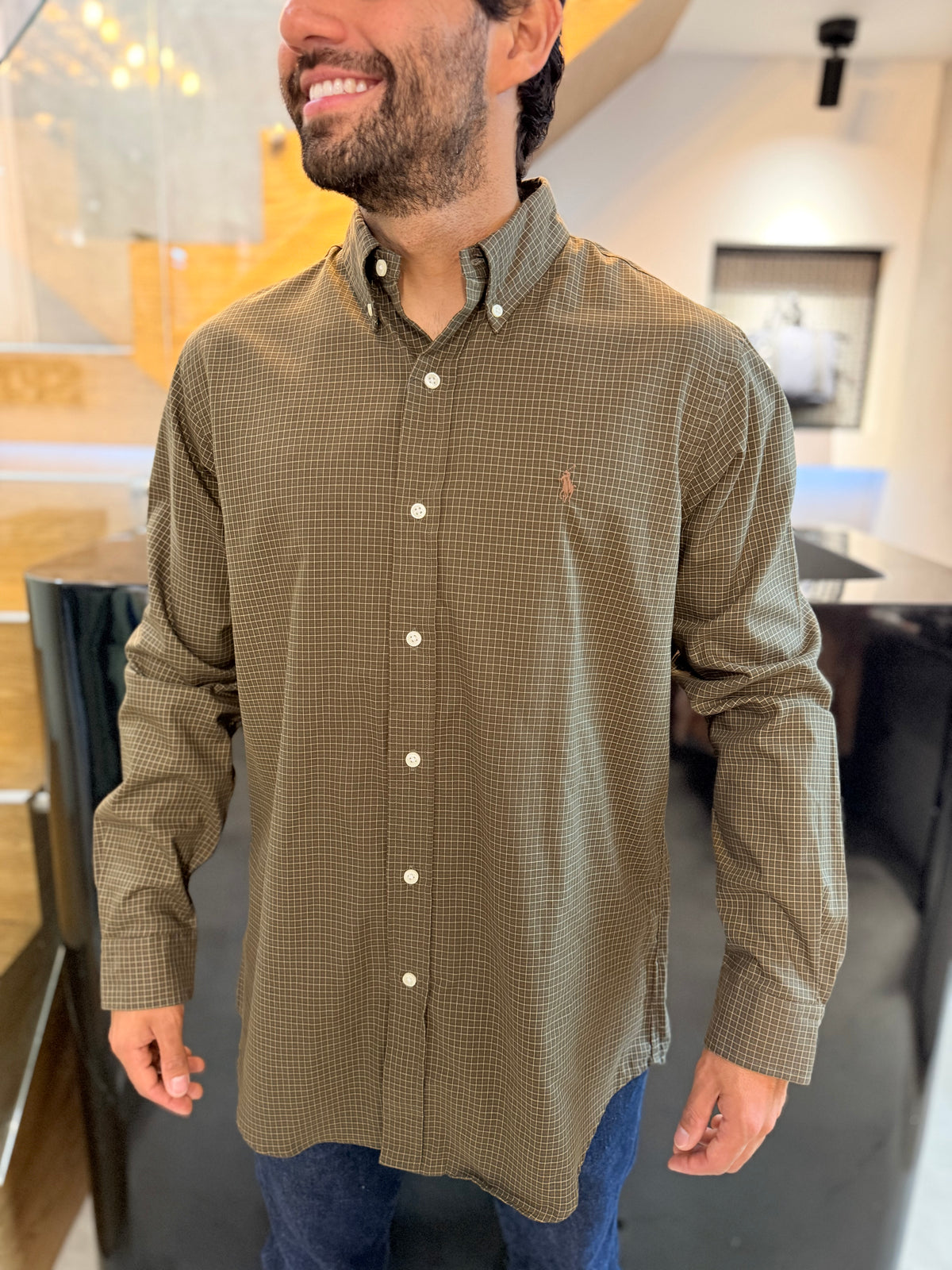 Camisa Polo R.L hombre Algodón Cuadros Verdes Con Café Caballo Café