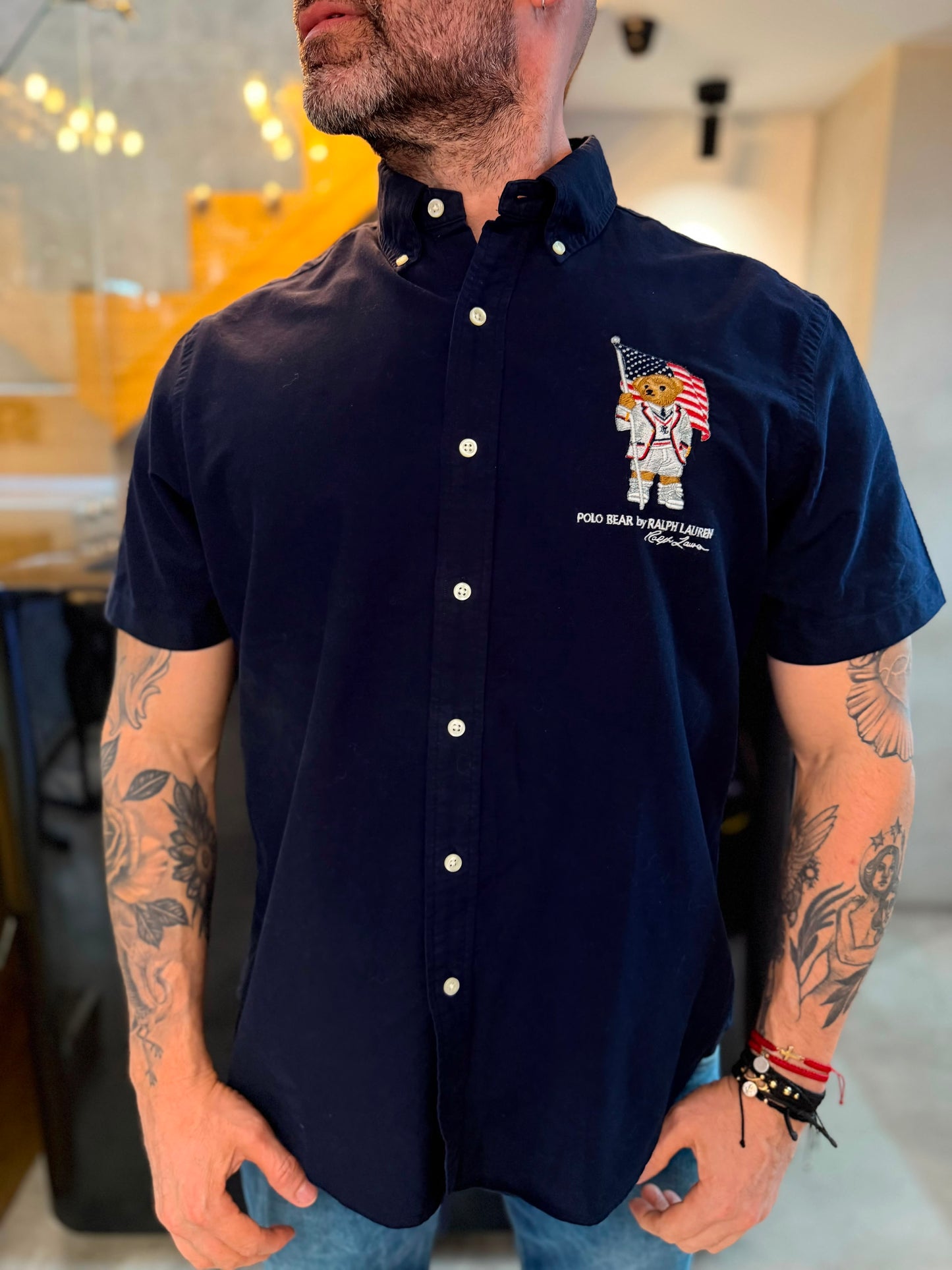 Camisa Polo R.L hombre Oxford Azul Oscura Manga Corta Edición Polo Bear