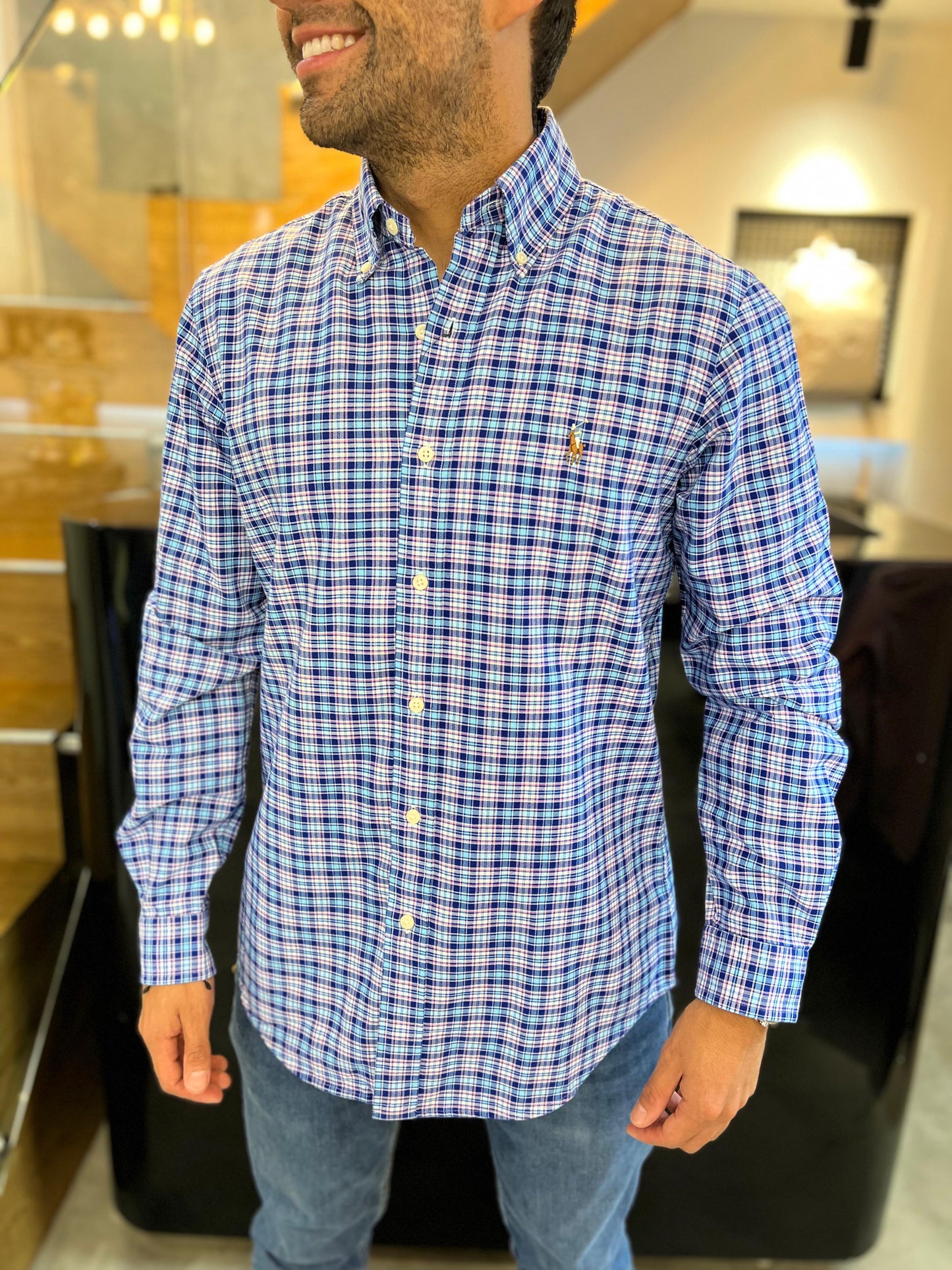 Camisa Polo R.L hombre Algodón Cuadros Azules Caballo Multicolor