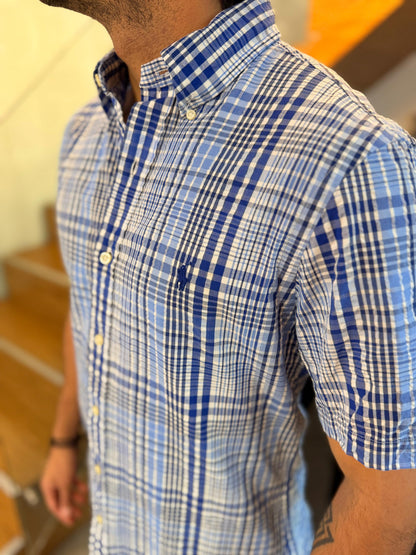 Camisa Polo R.L hombre Galleta Slim Fit Manga Corta Cuadros Azules