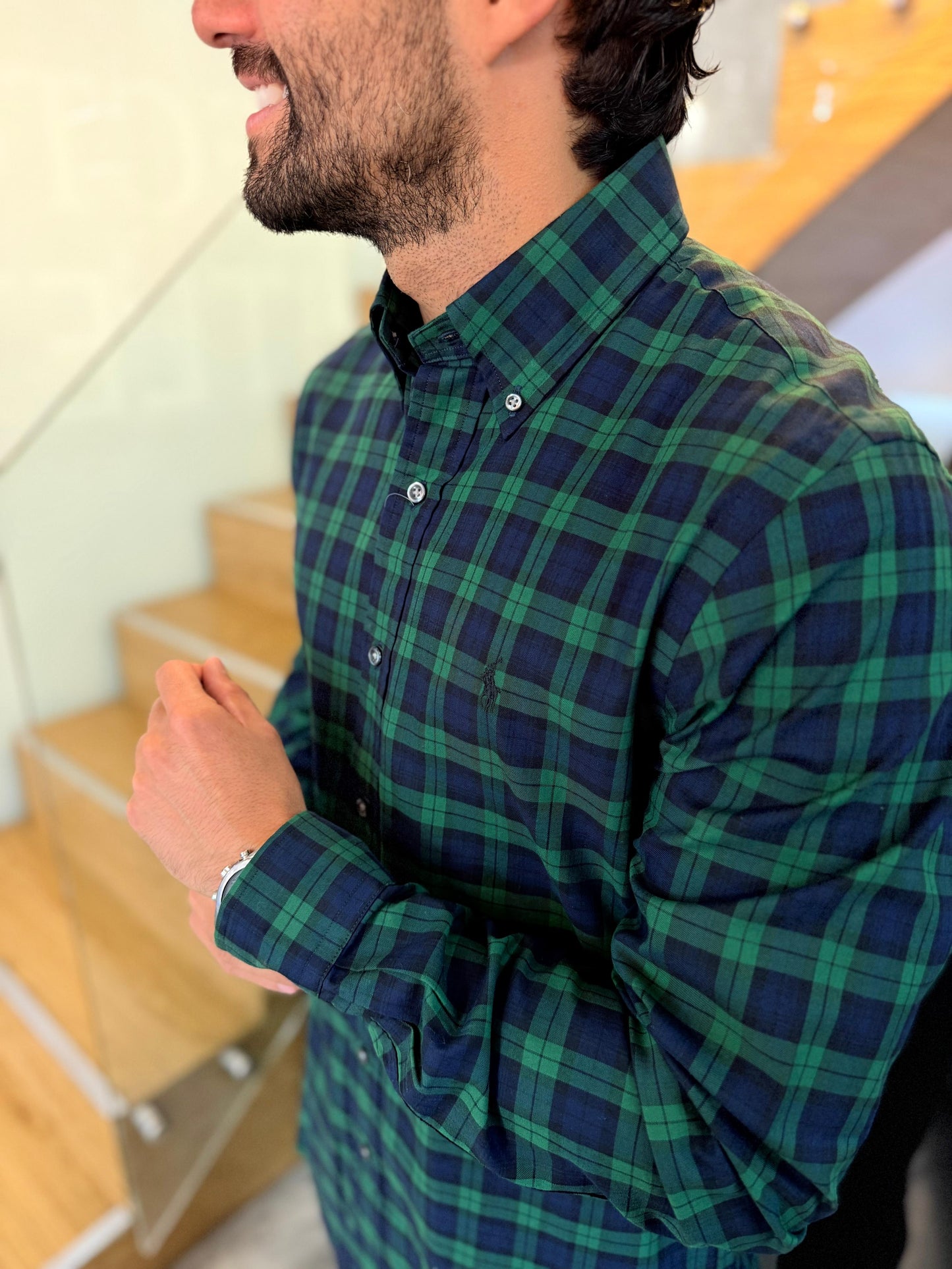 Camisa Polo R.L hombre Algodón Cuadros Verdes Caballo Negro