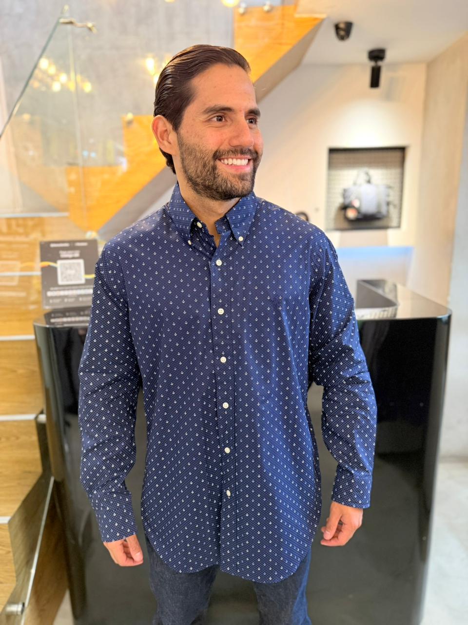 Camisa Polo R.L hombre Algodón Anclas Azules y Blancas Caballo Azul