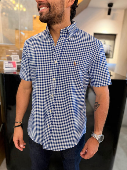 Camisa Polo R.L hombre Oxford Manga Corta Cuadros Azules Con Blanco Caballo Multicolor