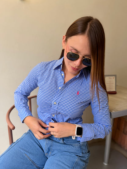 Camisa Polo R.L Dama Algodón Cuadros Azul Caballo Fucsia