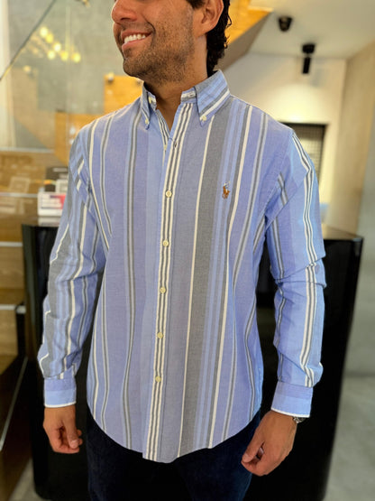 Camisa Polo R.L hombre Oxford Rayas Azules Caballo Multicolor