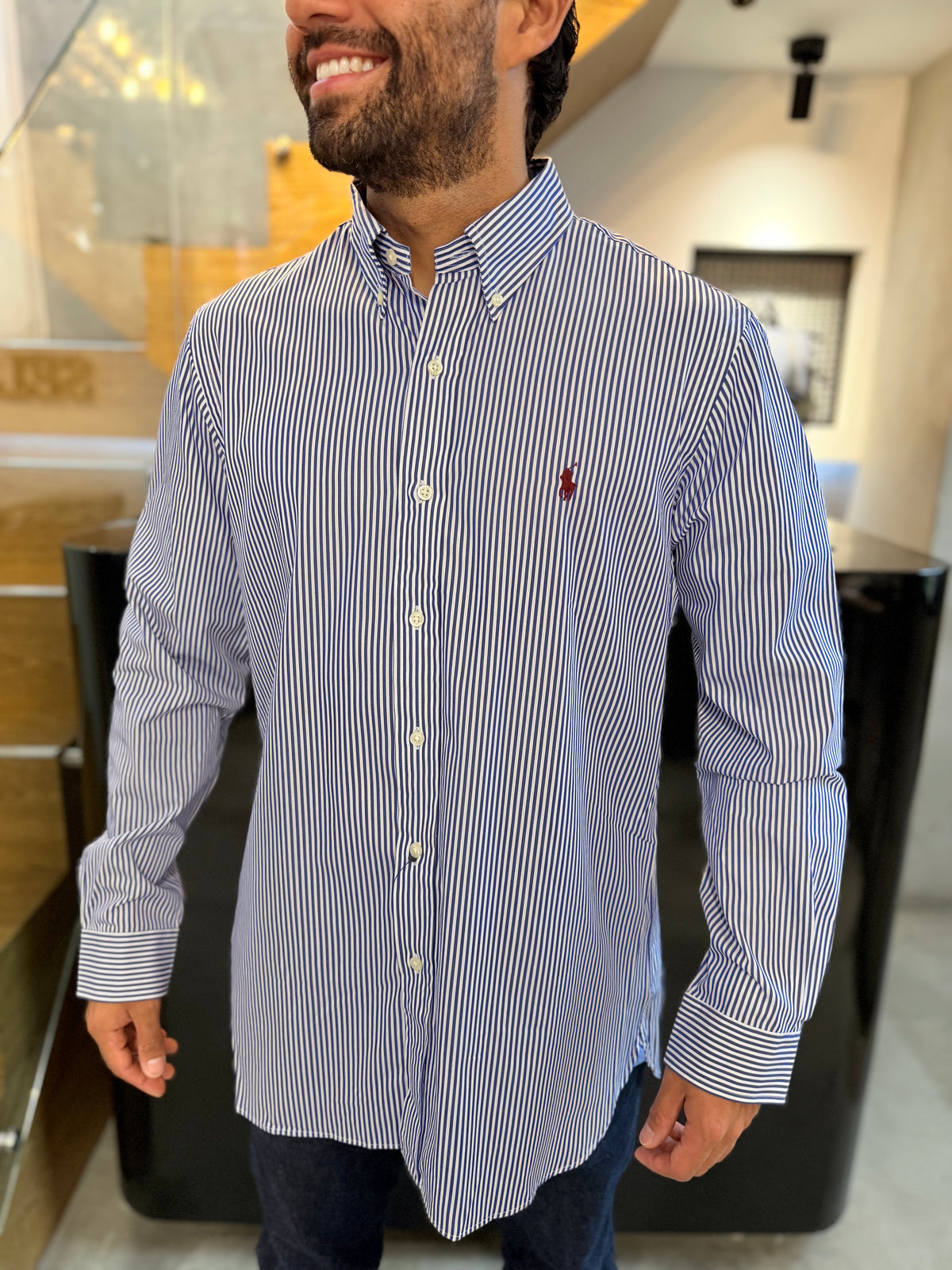 Camisa Polo R.L hombre Algodón Rayas Azules Con Blanco Caballo Rojo