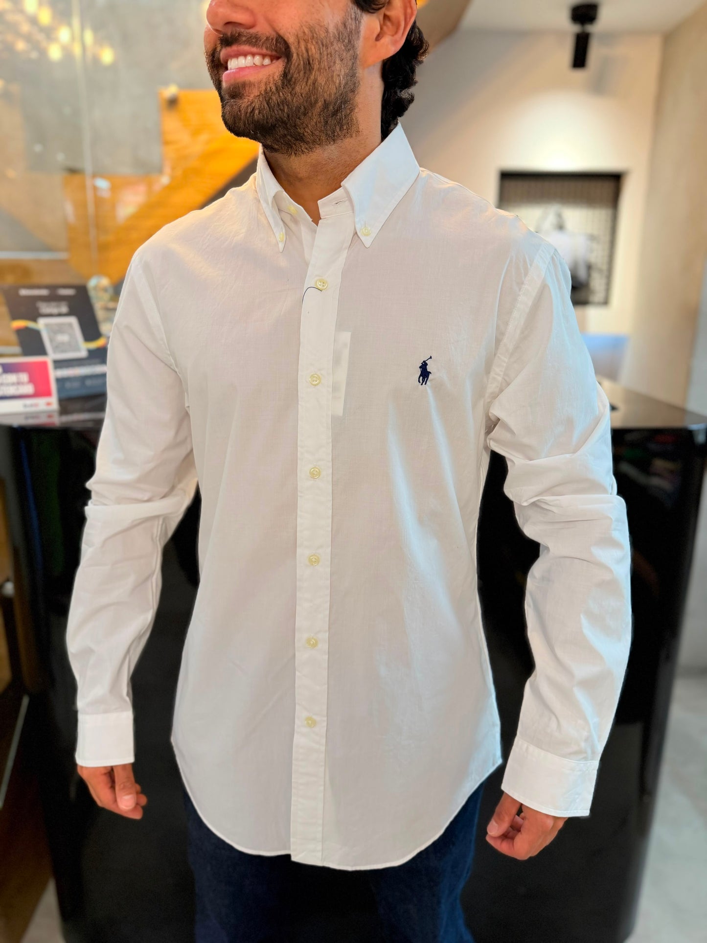 Camisa Polo R.L hombre Algodón Slim Fit Blanca Caballo Azul