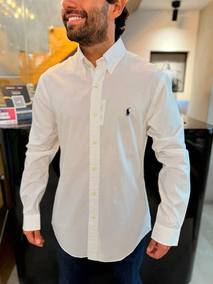 Camisa Polo R.L hombre Algodón Slim Fit Blanca Caballo Azul