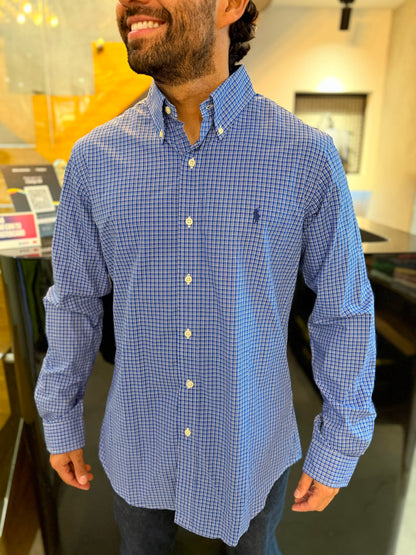 Camisa Polo R.L hombre Algodón Custom Fit Cuadros Azules Caballo Azul