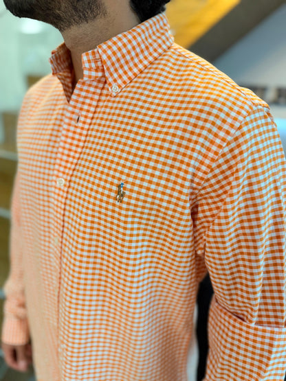 Camisa Polo R.L hombre Oxford Cuadros Naranjas Con Blanco Caballo Multicolor