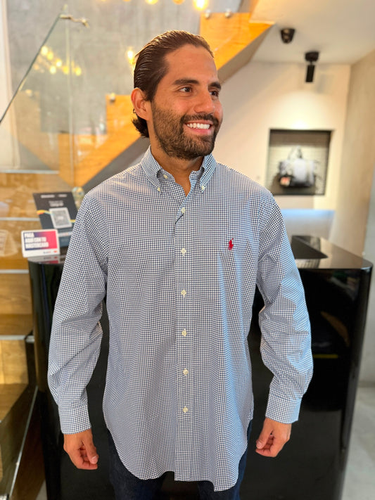 Camisa Polo R.L hombre Algodón Cuadros Azules Con Blanco Caballo Vino Tinto