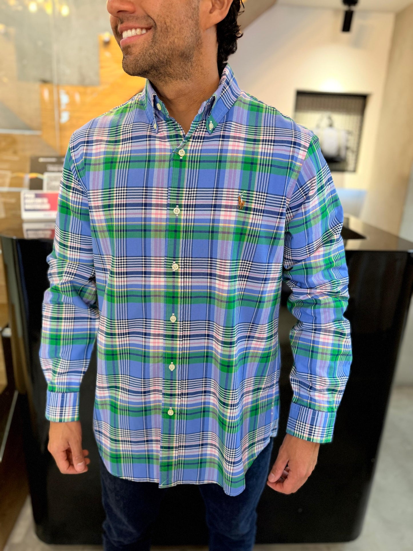 Camisa Polo R.L hombre Oxford Cuadros Verdes con Azul Caballo Multicolor