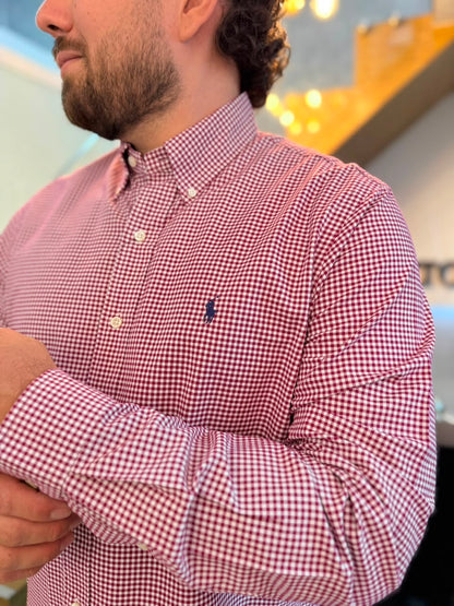 Camisa Polo R.L hombre Oxford Cuadros Vinotinto Caballo Azul