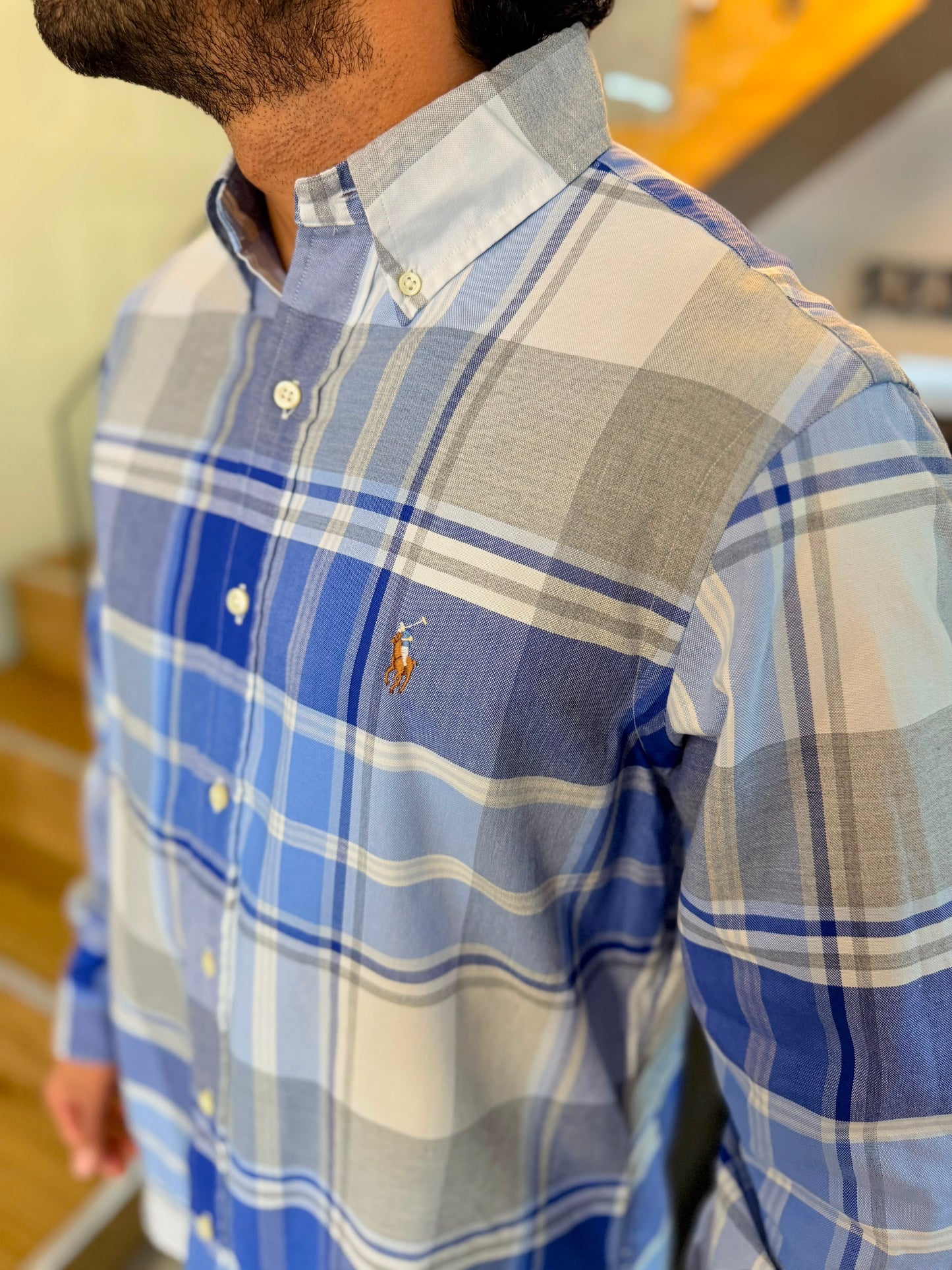 Camisa Polo R.L hombre Oxford Cuadros Azules Con Gris Caballo Multicolor