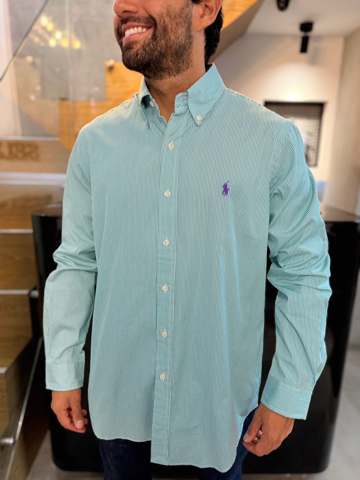 Camisa Polo R.L hombre Algodón Rayas Verde Menta Con Blanco Caballo Morado