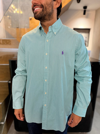 Camisa Polo R.L hombre Algodón Rayas Verde Menta Con Blanco Caballo Morado