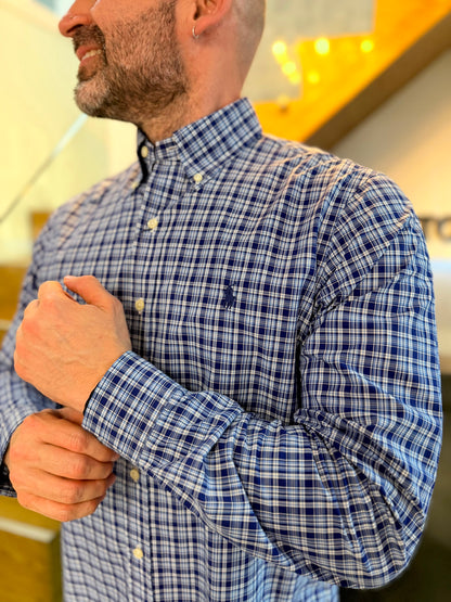 Camisa Polo R.L hombre Algodón Cuadros Azules Caballo Azul