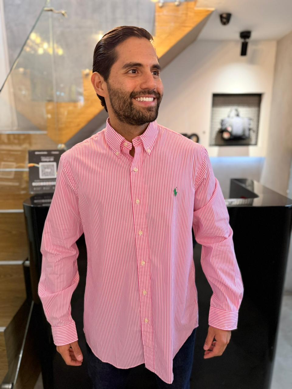 Camisa Polo R.L hombre Algodón Rayas Rosadas Caballo Verde