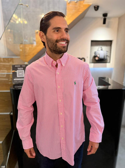 Camisa Polo R.L hombre Algodón Rayas Rosadas Caballo Verde