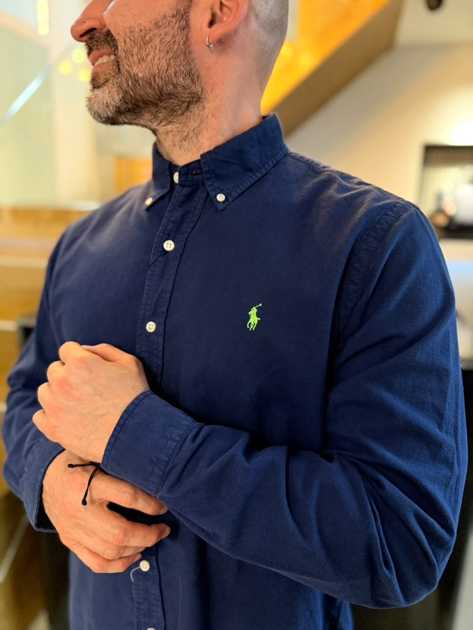 Camisa Polo R.L hombre Oxford  Azul Oscura Caballo Verde Neón
