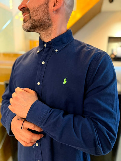 Camisa Polo R.L hombre Oxford  Azul Oscura Caballo Verde Neón