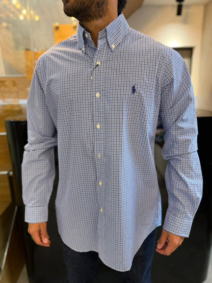 Camisa Polo R.L hombre Algodón Cuadros Azules Con Blanco Caballo Azul