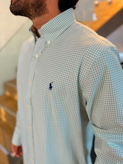 Camisa Polo R.L hombre Algodón Cuadros Verdes Con Blanco Caballo Azul