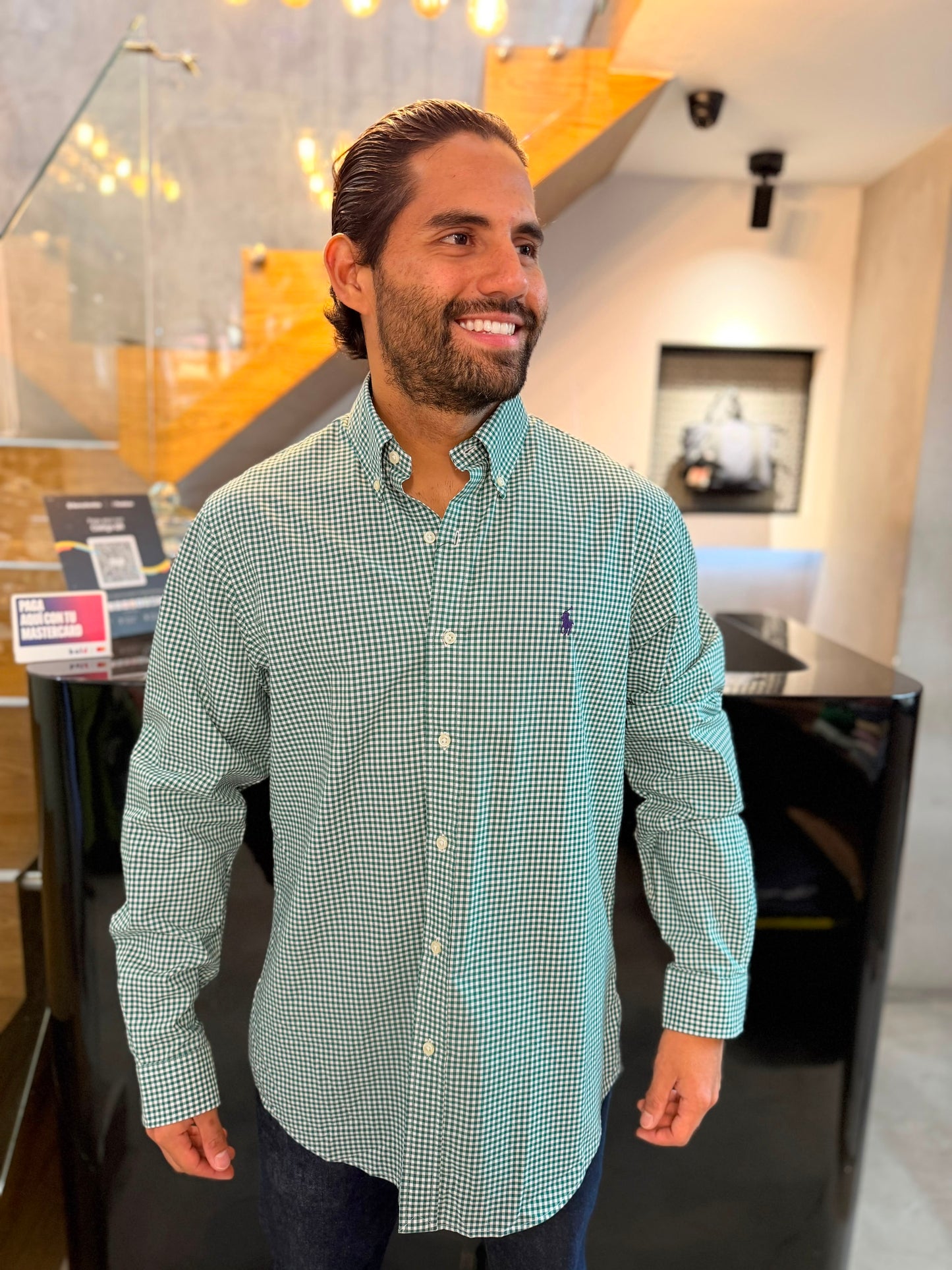 Camisa Polo R.L hombre Algodón Cuadros Verdes Con Blanco Caballo Morado