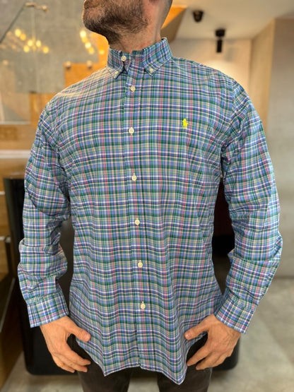 Camisa Polo R.L hombre Algodón Cuadros Azules Con Verde Caballo Amarillo Neón