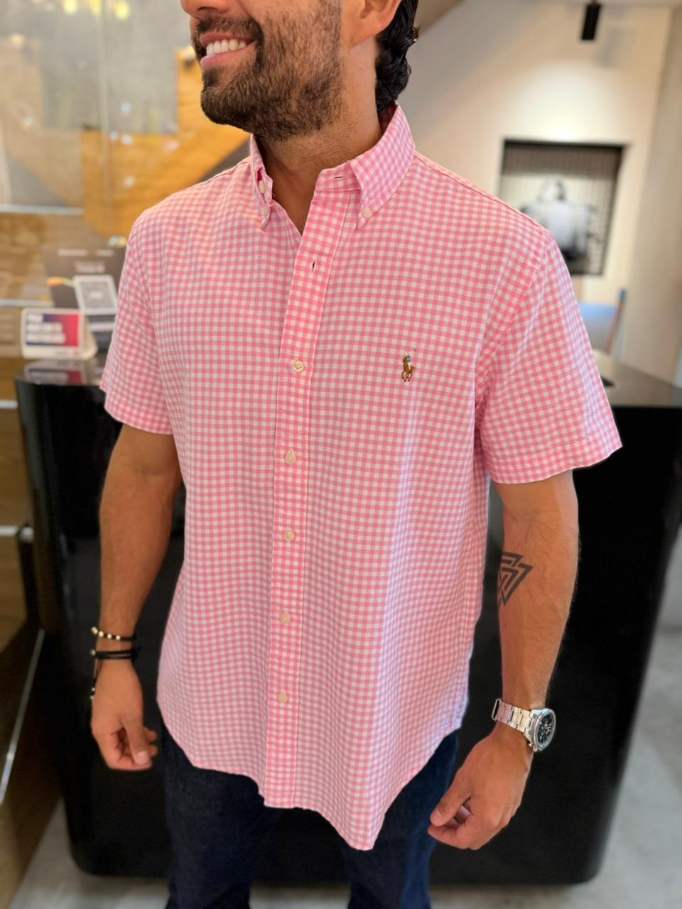 Camisa Polo R.L hombre Manga Corta Oxford Cuadros Rosados Con Blanco Caballo Multicolor