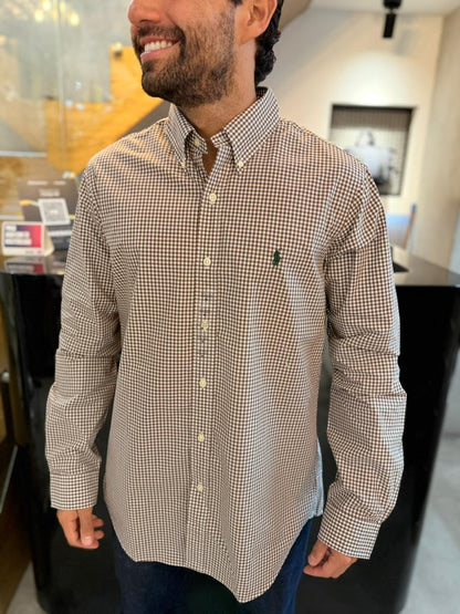 Camisa Polo R.L hombre Algodón Cuadros Cafés Con Blanco Caballo Verde