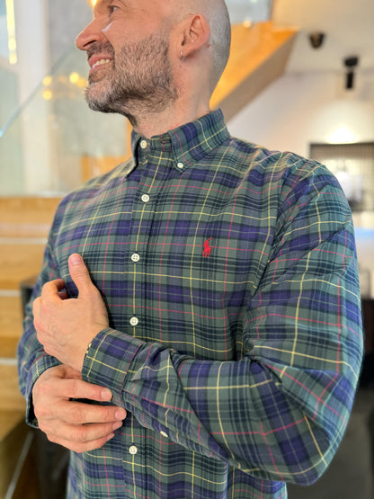 Camisa Polo R.L hombre Oxford Custom Fit Cuadros Verdes Con Morado Caballo Rojo