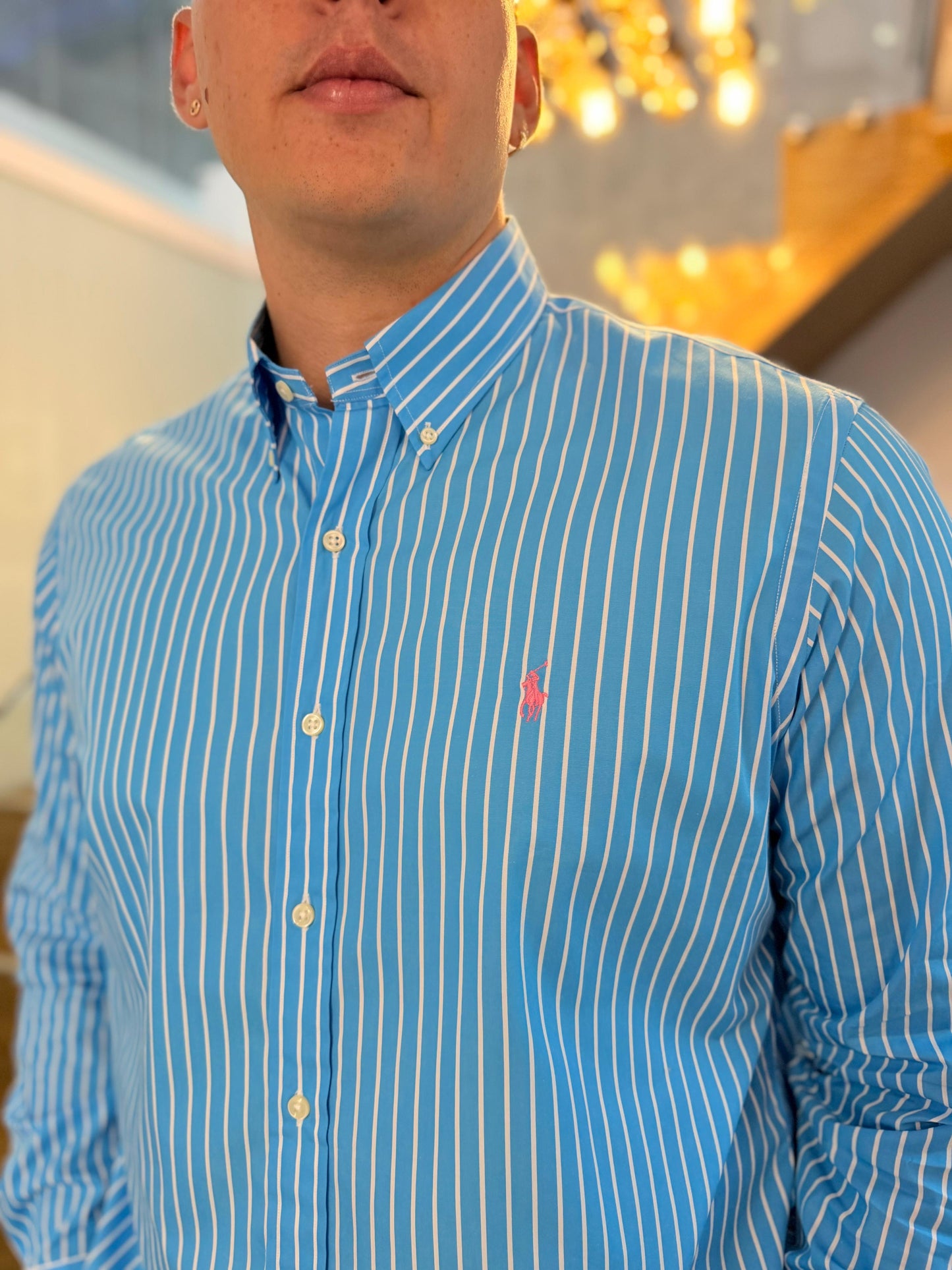Camisa Polo R.L hombre Algodón Rayas Azules Caballo Rosado