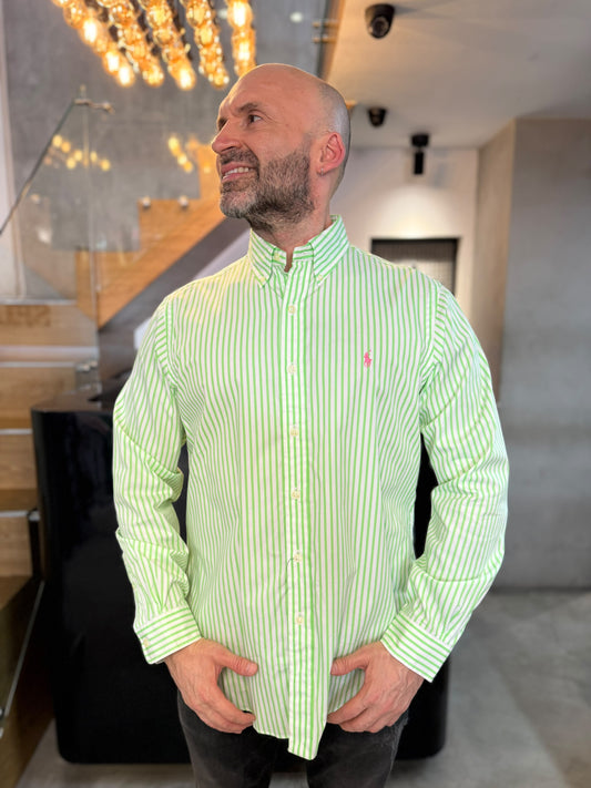 Camisa Polo R.L hombre Algodón Rayas Verdes Limón Con Blanco Caballo Rosado