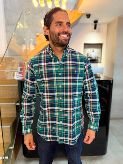 Camisa Polo R.L hombre Oxford Cuadros Verdes con Azul Caballo Multicolor