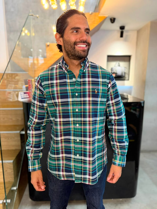 Camisa Polo R.L hombre Oxford Cuadros Verdes con Azul Caballo Multicolor