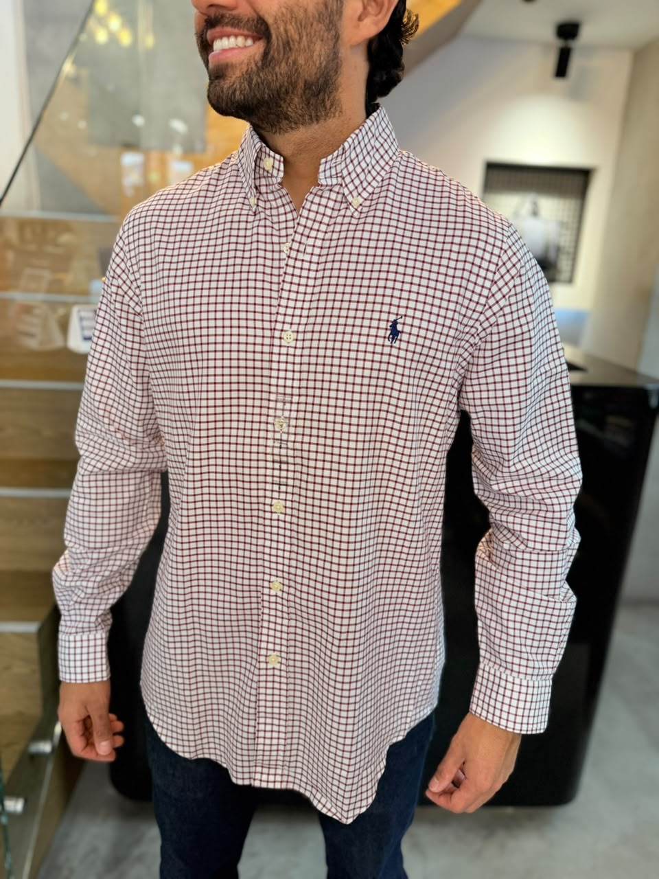 Camisa Polo R.L hombre Algodón Cuadros Blancos Con Vino Tinto Caballo Azul
