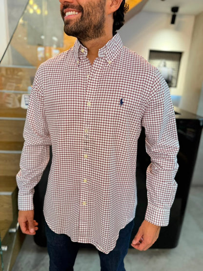Camisa Polo R.L hombre Algodón Cuadros Blancos Con Vino Tinto Caballo Azul