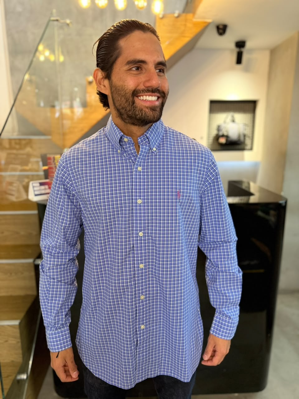 Camisa Polo R.L hombre Algodón Cuadros Azules Caballo Uva