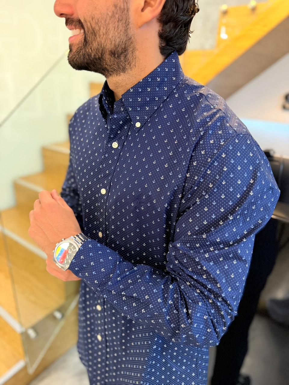 Camisa Polo R.L hombre Algodón Anclas Azules y Blancas Caballo Azul