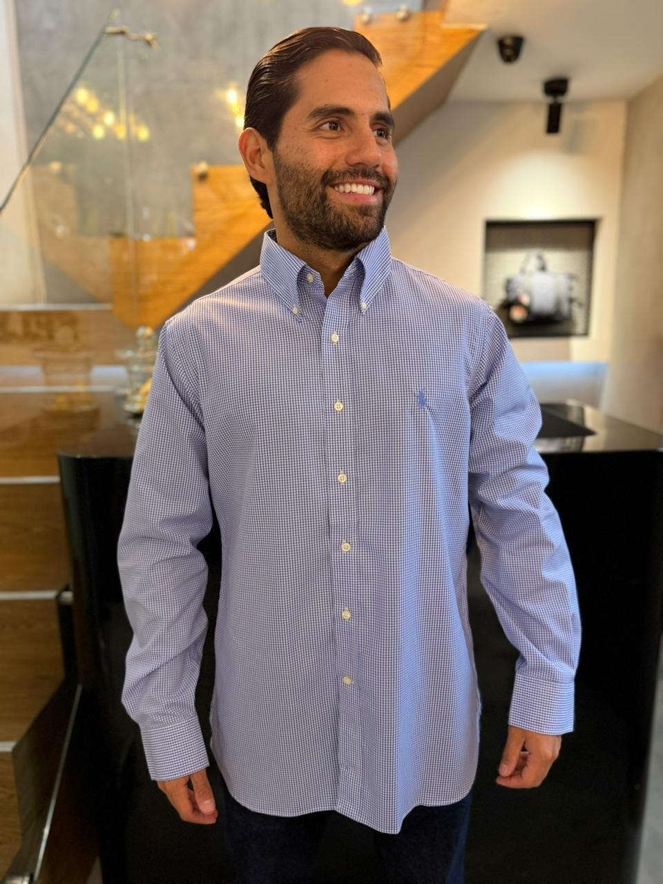 Camisa Polo R.L hombre Algodón Cuadros Celestes Caballo Celestes