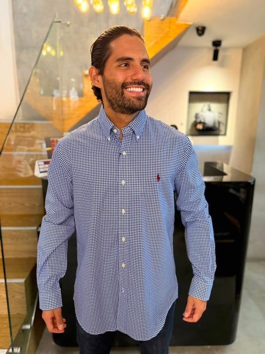 Camisa Polo R.L hombre Algodón Cuadros Blancos Con Azul Caballo Rojo