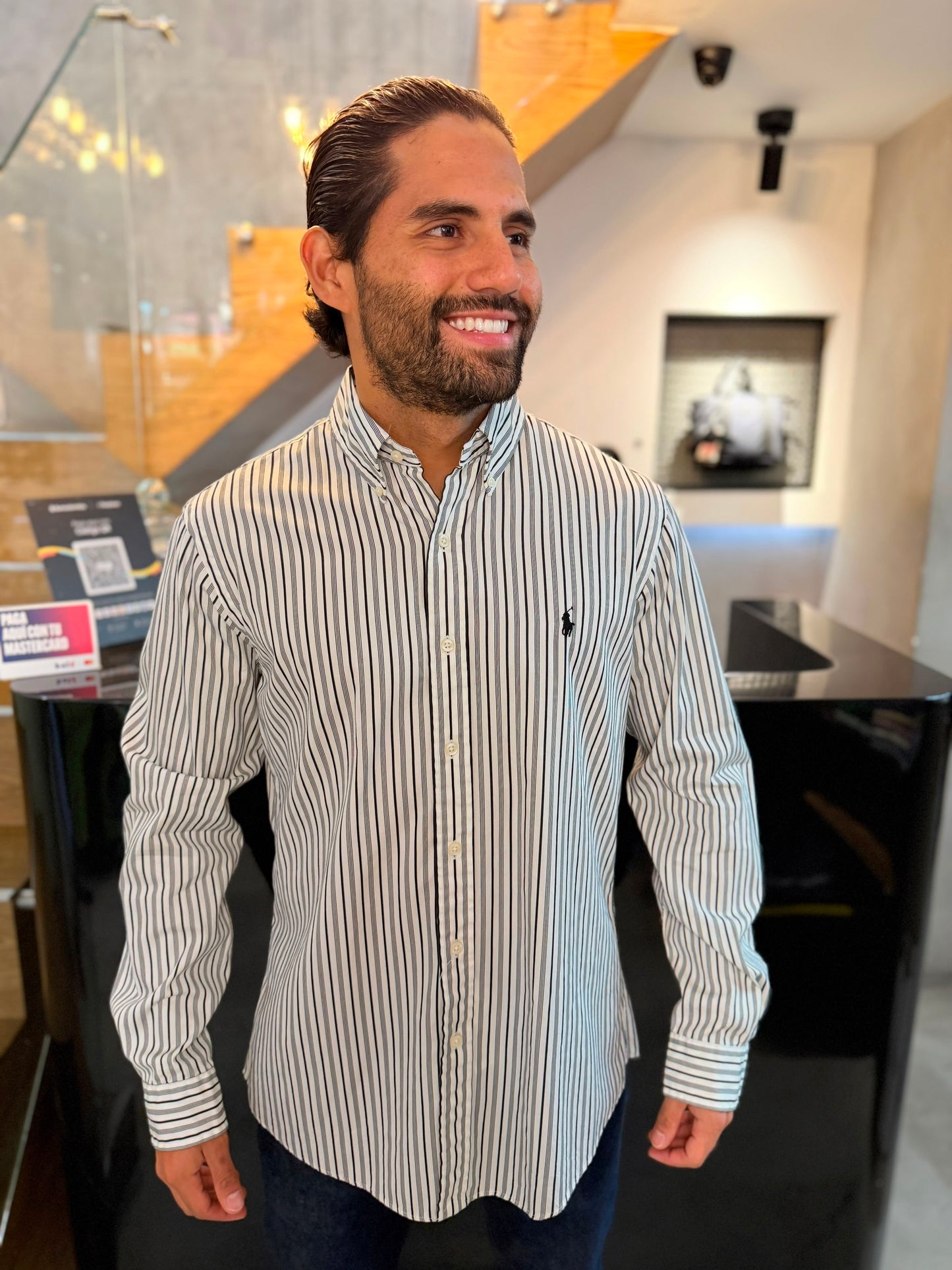 Camisa Polo R.L hombre Algodón Custom Fit Rayas Blancas Con Negro Caballo Negro