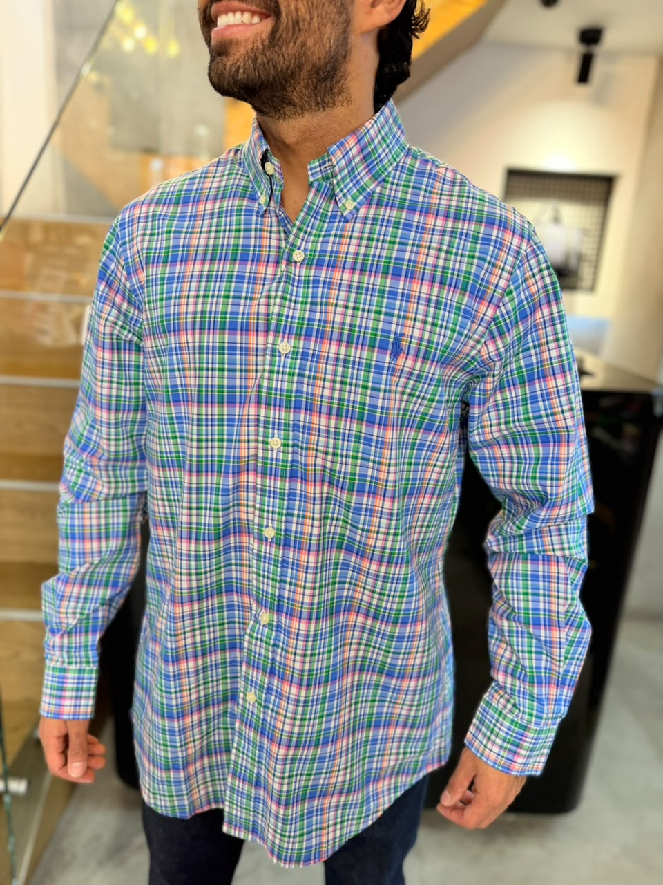 Camisa Polo R.L hombre Algodón Cuadros Colores Caballo Celeste
