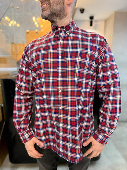 Camisa Polo R.L hombre Algodón Grueso Cuadros Rojos Con Blanco Caballo Azul