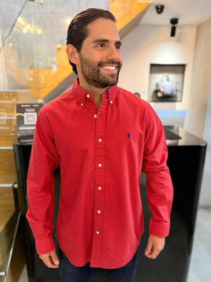 Camisa Polo R.L hombre Oxford  Roja Caballo Azul